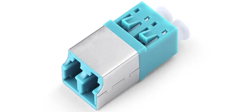 Adapter LC duplex, aqua housing, white internal shutter, without flange, metal cover