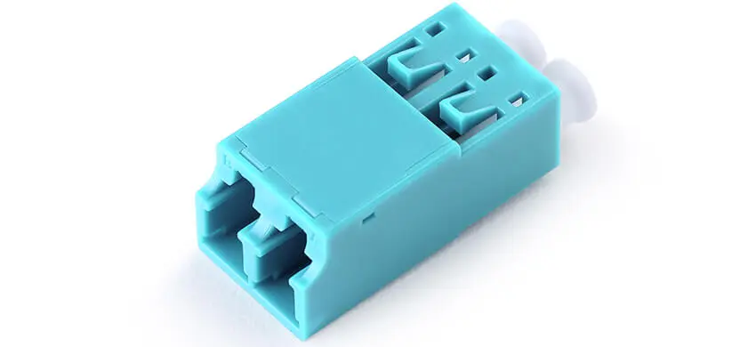 Adapter LC duplex, aqua housing, white internal shutter, without flange, plastic cover