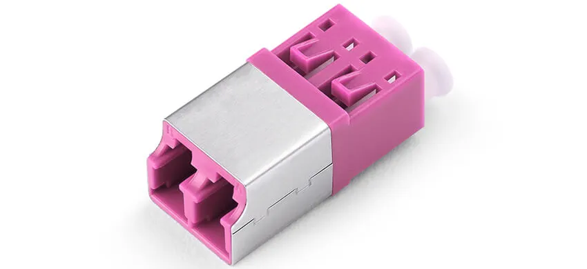 Adapter LC duplex, magenta housing, white internal shutter, without flange, metal cover