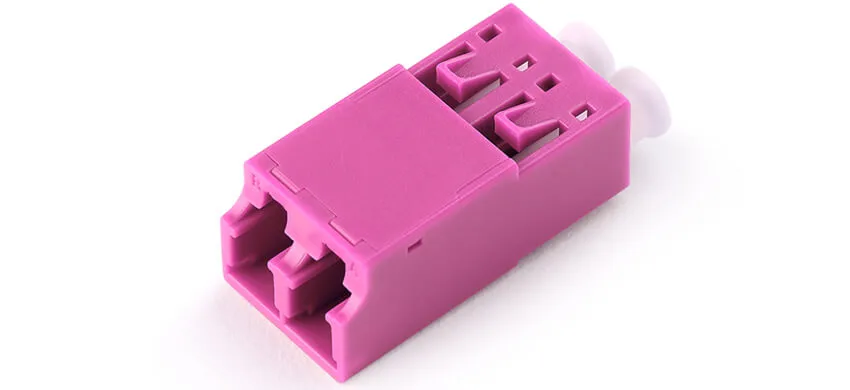 Adapter LC duplex, magenta housing, white internal shutter, without flange, plastic cover