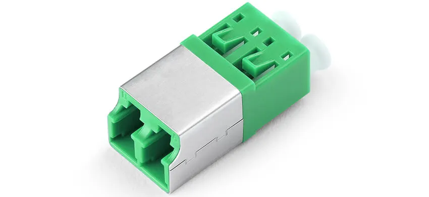 Adapter LC duplex, green housing, white internal shutter, without flange, metal cover