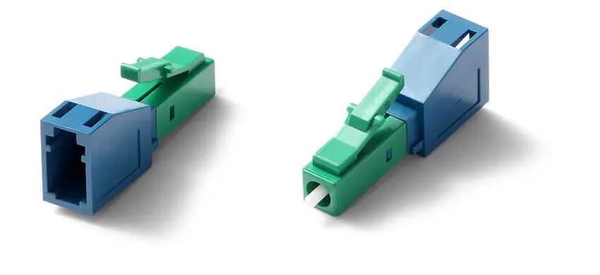 Adapter LC to LC Hybrid, 9/125, Female to male, Blue & Green, Simplex, Plastic housing