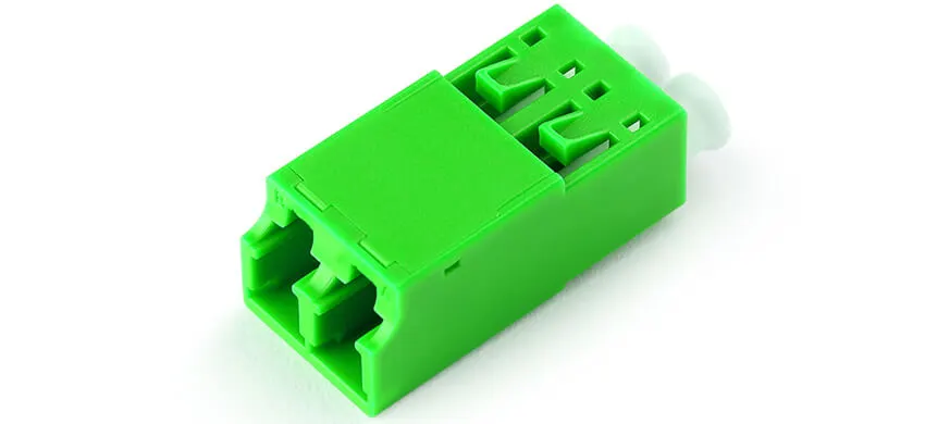 Adapter LC duplex, green housing, white internal shutter, without flange, plastic cover