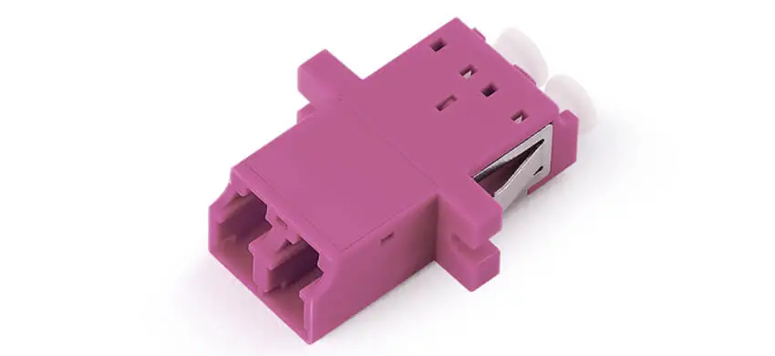 Adapter LC duplex, magenta housing, white internal shutter, with flange, SC footprint