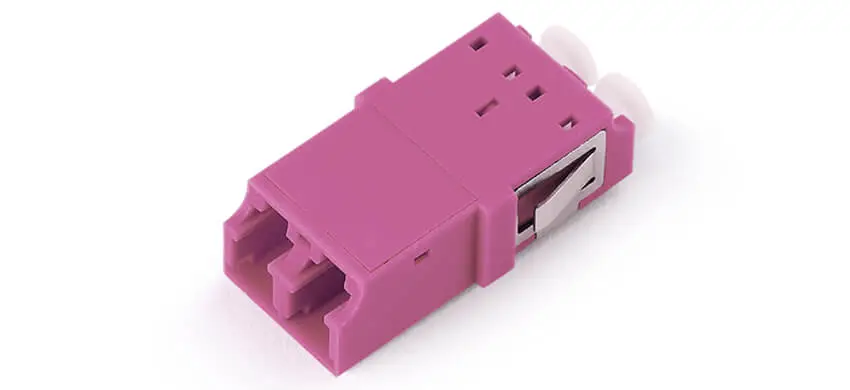 Adapter LC duplex, magenta housing, white internal shutter, without flange, SC footprint