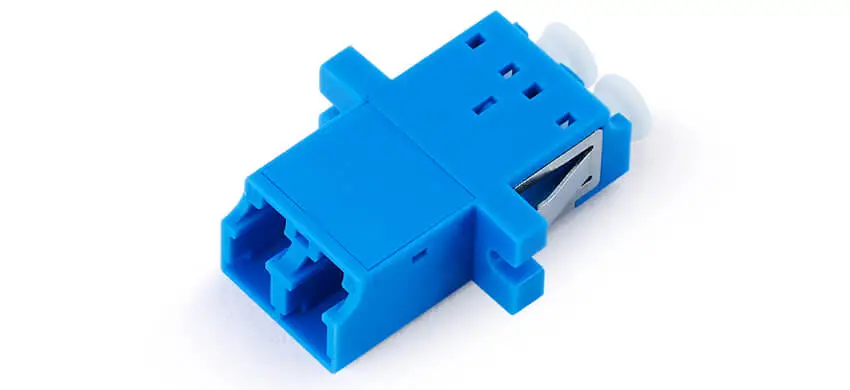 Adapter LC duplex, blue housing, white internal shutter, with flange, SC footprint