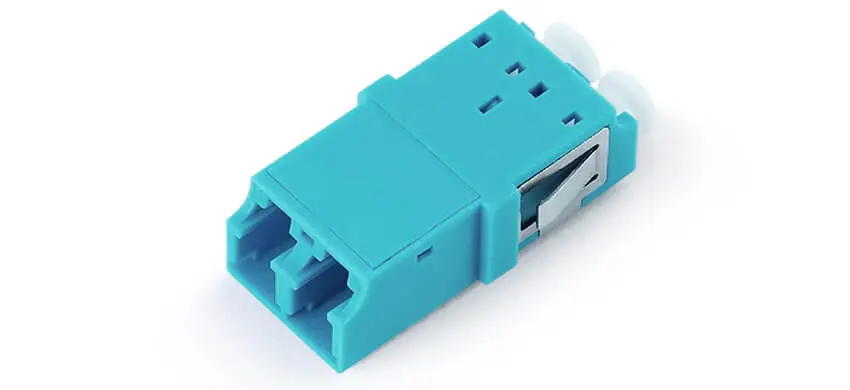 Adapter LC duplex, aqua housing, white internal shutter, without flange, SC footprint