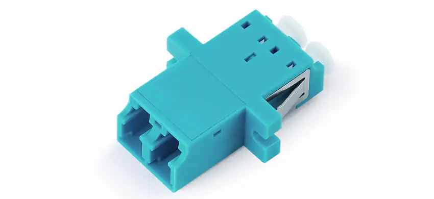 Adapter LC duplex, aqua housing, white internal shutter, with flange, SC footprint