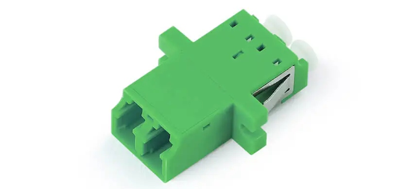 Adapter LC duplex, green housing, white internal shutter, with flange, SC footprint