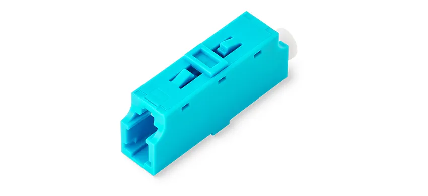Adapter LC Simplex, aqua housing, white internal shutter, without flange, Dust-Proof, Eye-Safety Shutter
