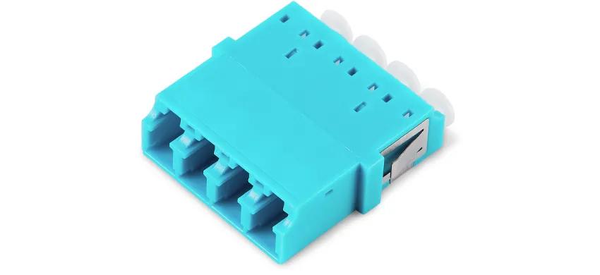 Adapter LC Quad, aqua housing, white internal shutter, short flange, SC footprint