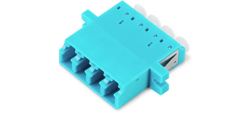 Adapter LC Quad, aqua housing, white internal shutter, with flange, SC footprint
